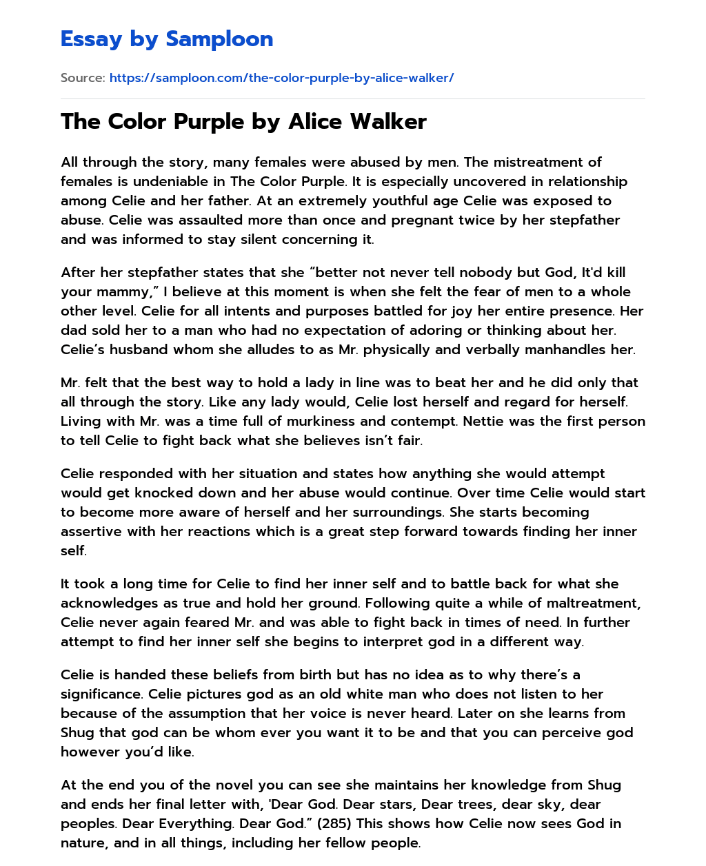The Color Purple by Alice Walker essay