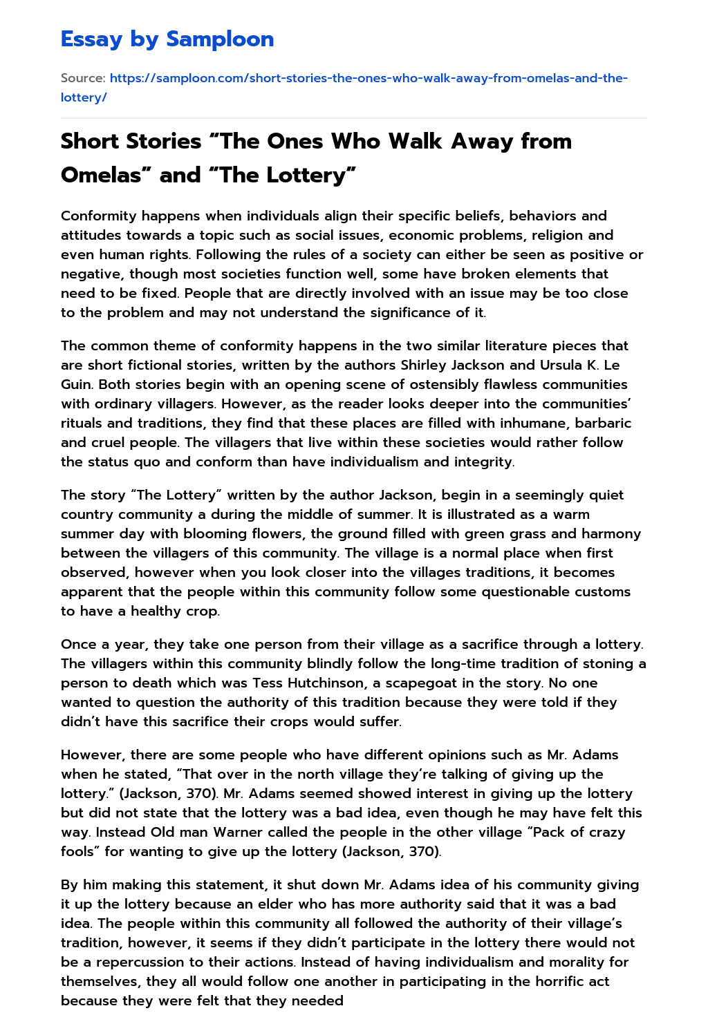 Short Stories “The Ones Who Walk Away from Omelas” and “The Lottery” essay