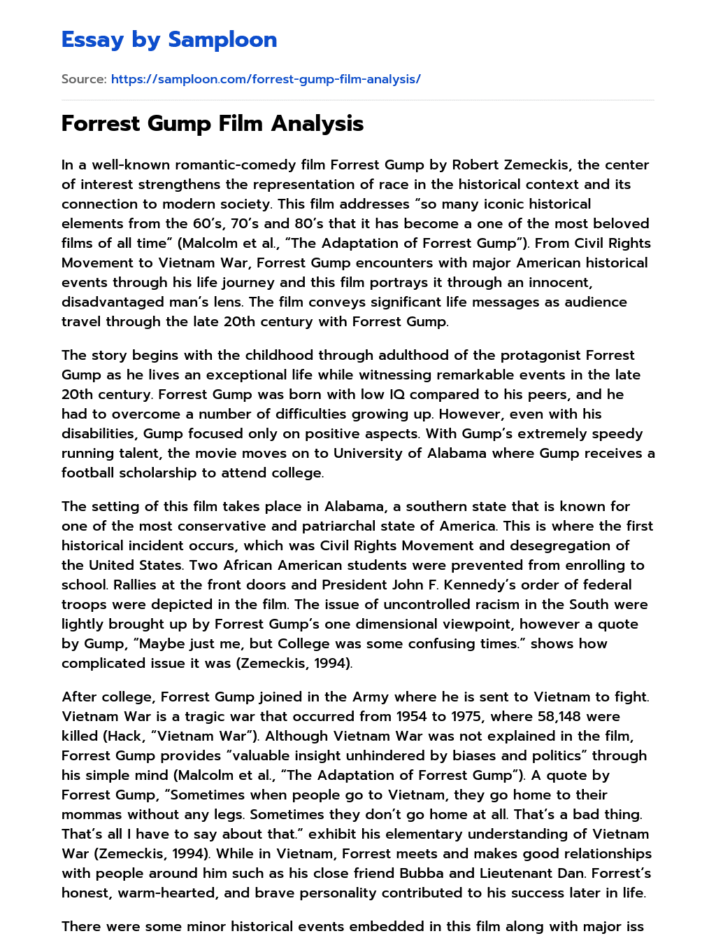 Forrest Gump Film Analysis essay
