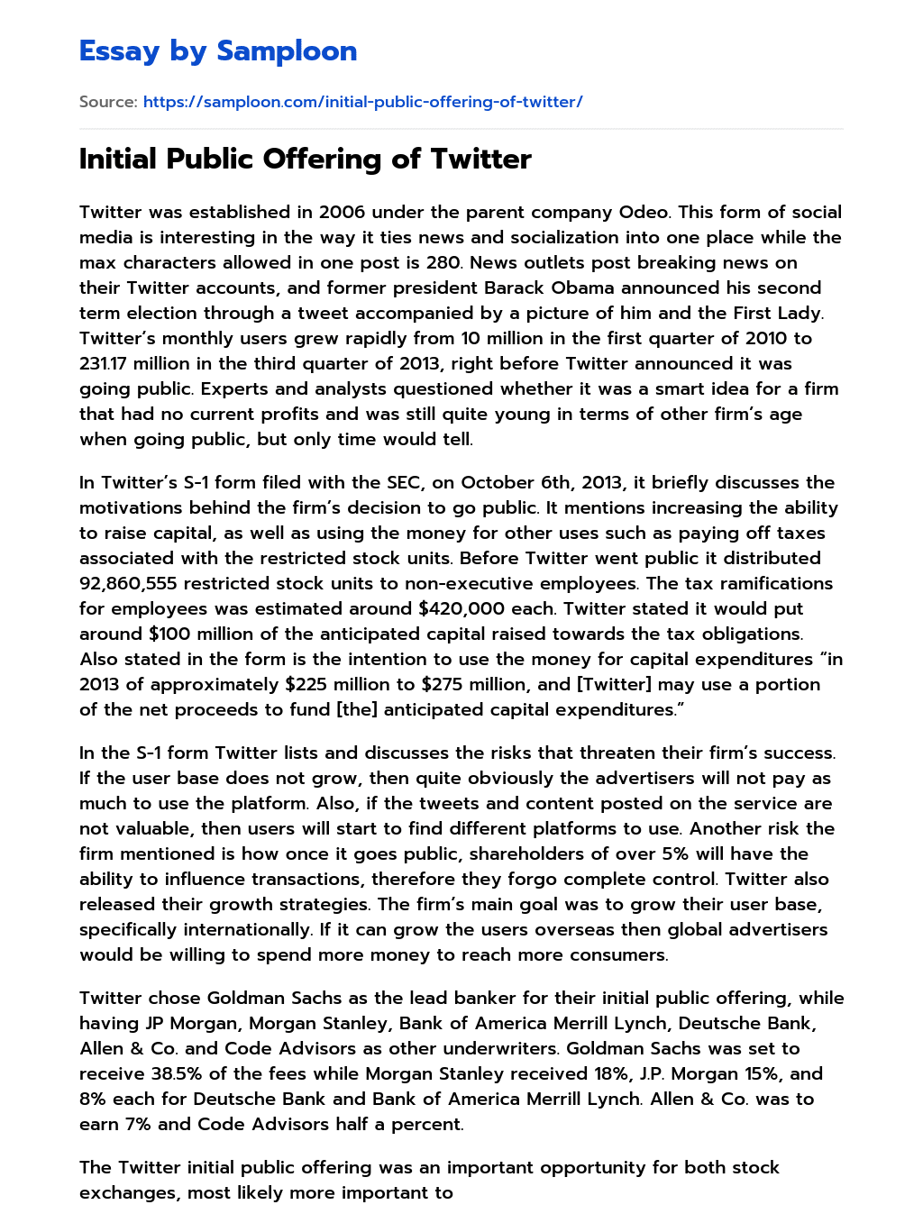 Initial Public Offering of Twitter essay