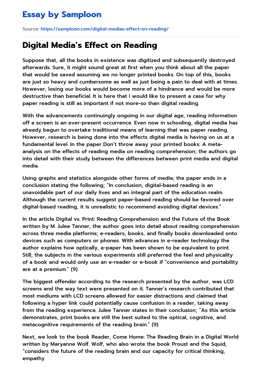  Digital Media s Effect On Reading Free Essay Sample On Samploon