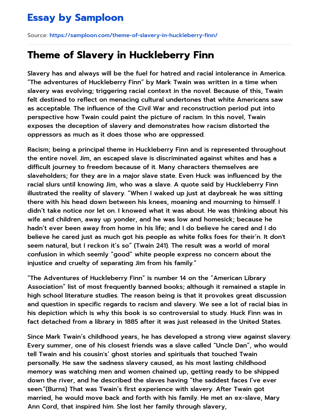 Theme of Slavery in Huckleberry Finn essay