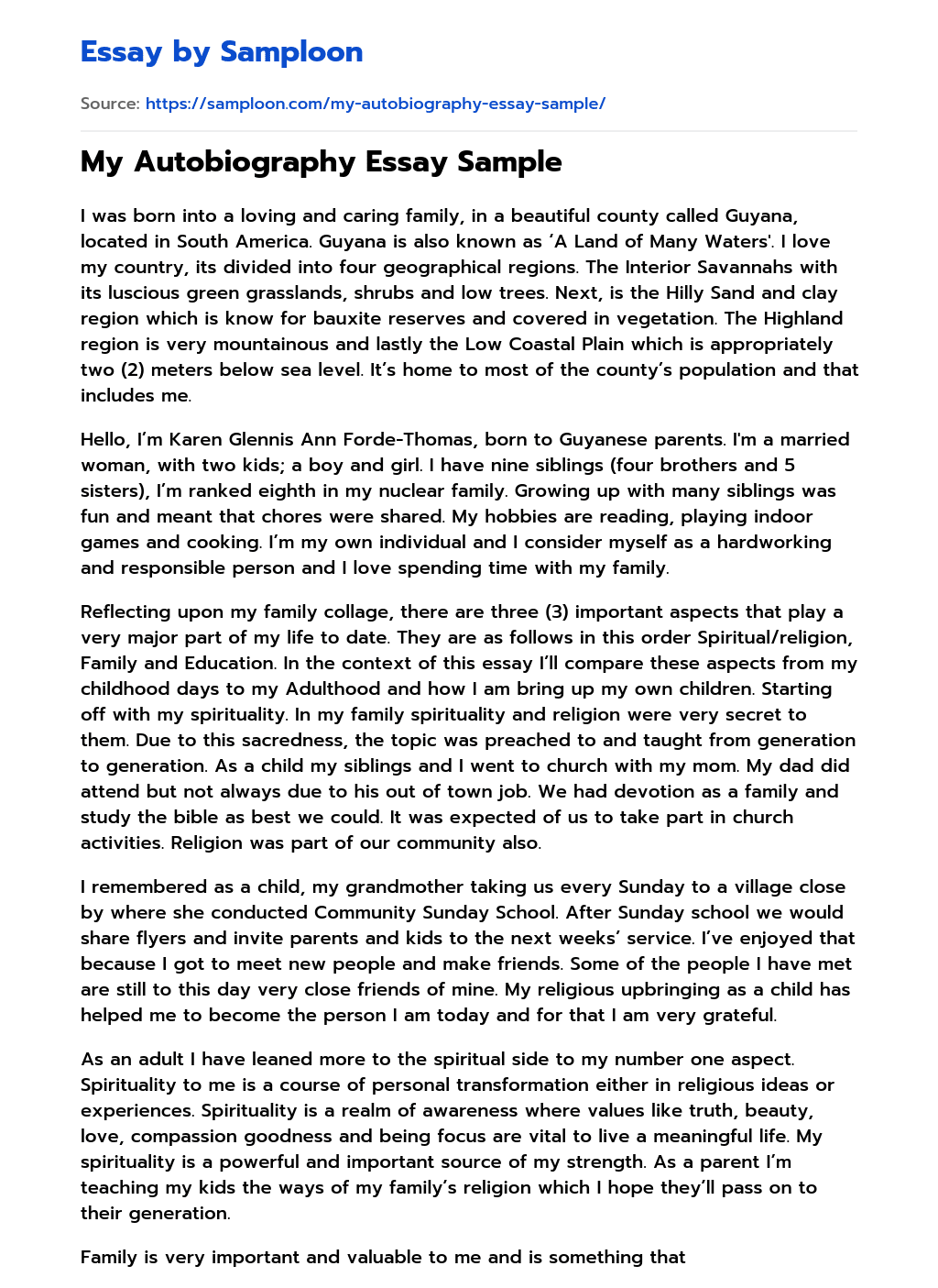  My Autobiography Essay Sample Free Essay Sample On Samploon