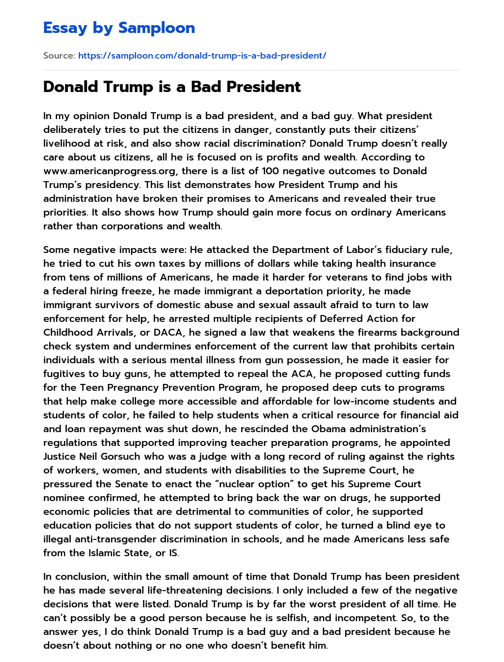 Donald Trump is a Bad President essay