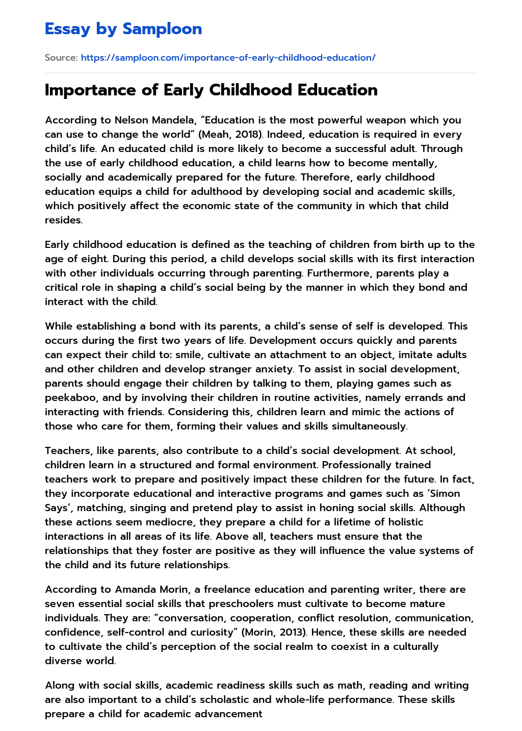  Importance Of Early Childhood Education Free Essay Sample On Samploon