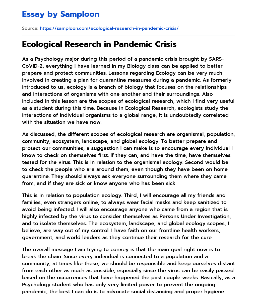 Ecological Research in Pandemic Crisis essay