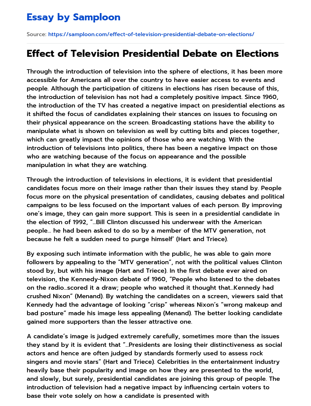 Effect of Television Presidential Debate on Elections essay