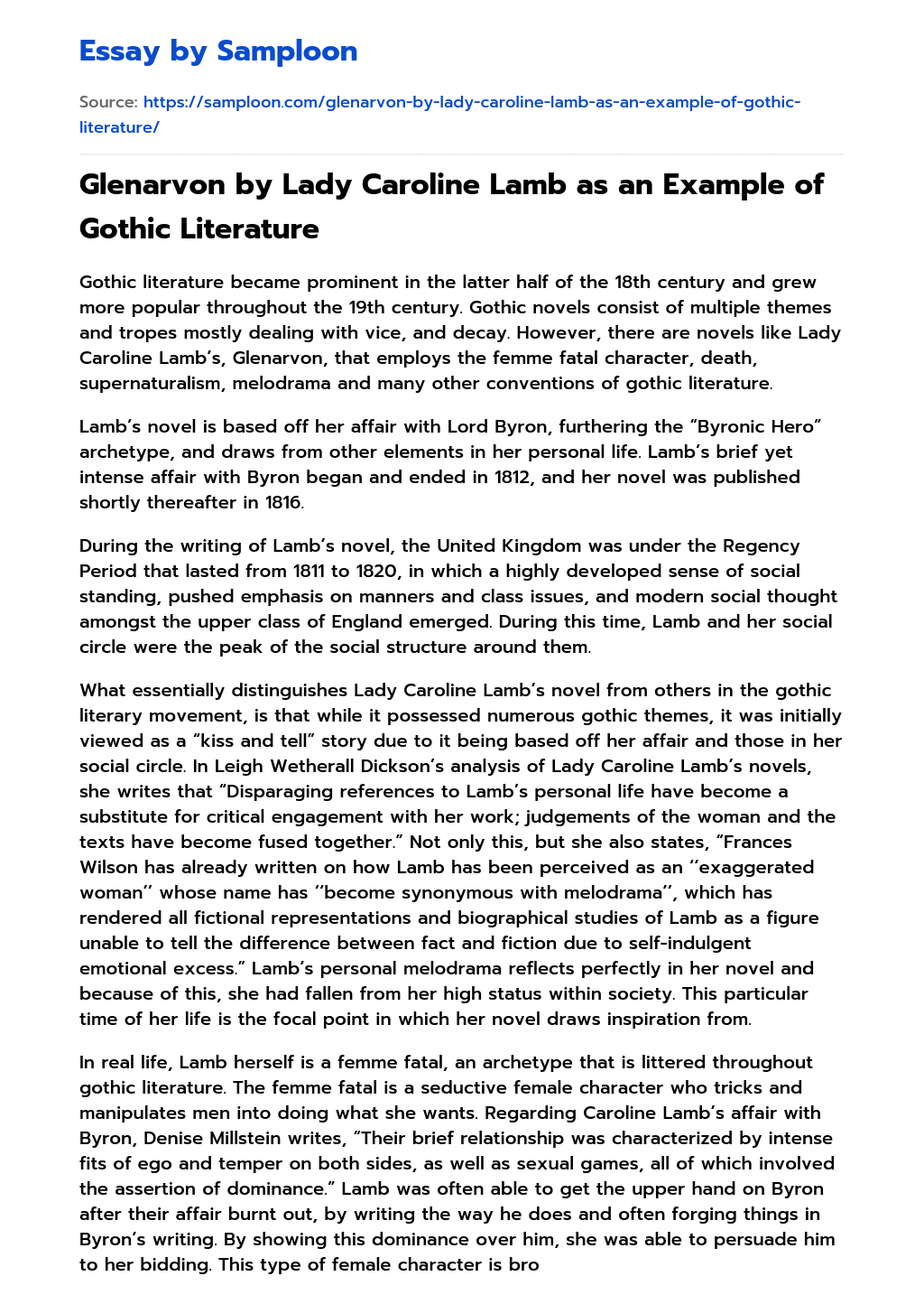 Glenarvon by Lady Caroline Lamb as an Example of Gothic Literature essay