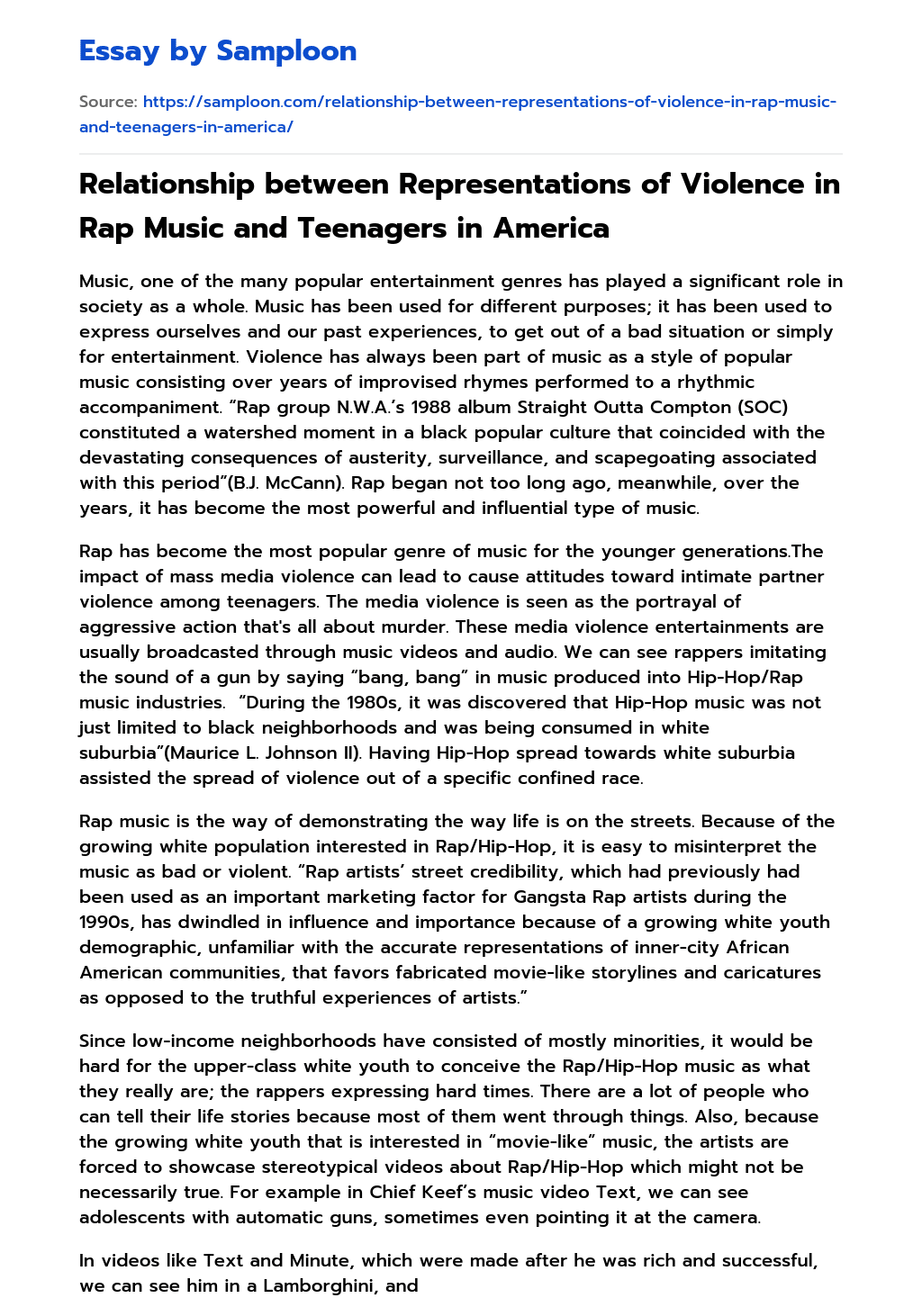Relationship between Representations of Violence in Rap Music and Teenagers in America essay