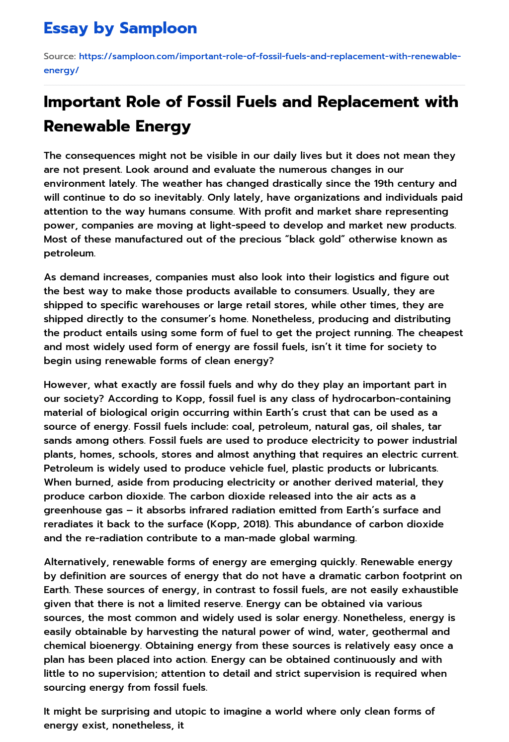 Important Role of Fossil Fuels and Replacement with Renewable Energy essay