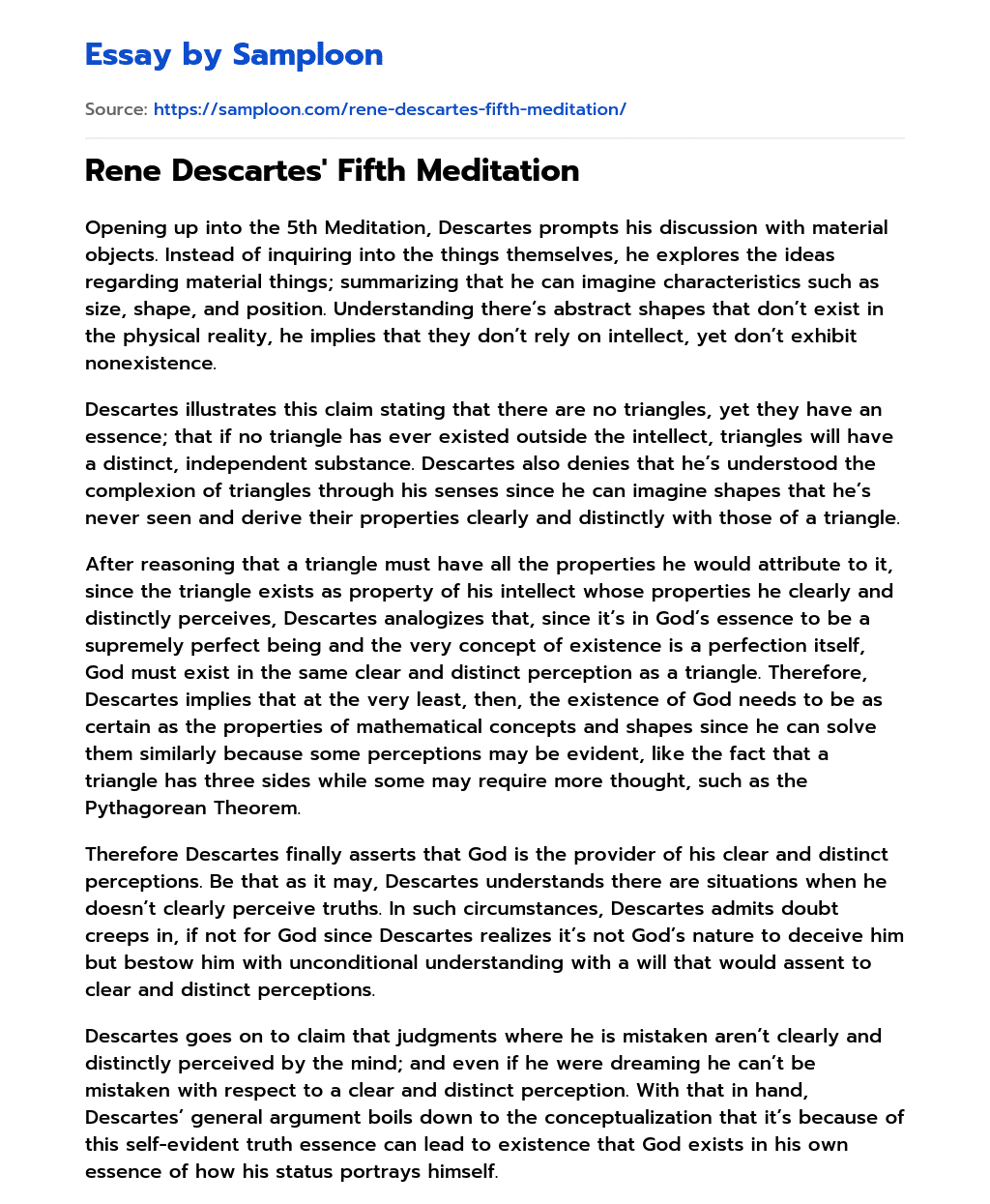 Rene Descartes’ Fifth Meditation essay