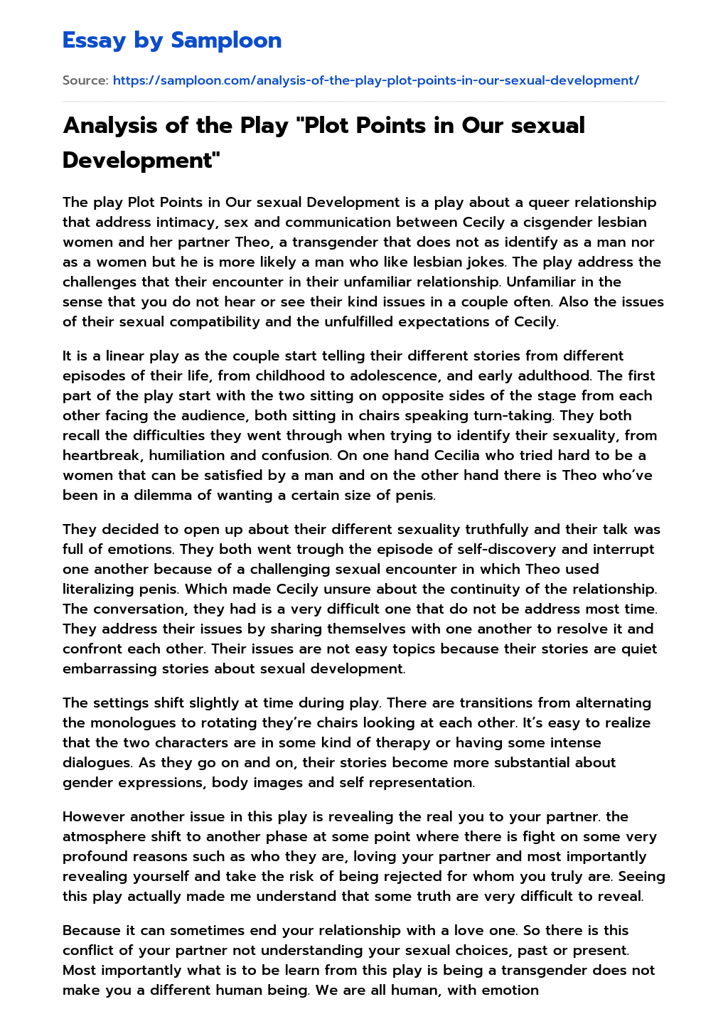 Analysis of the Play “Plot Points in Our sexual Development” essay