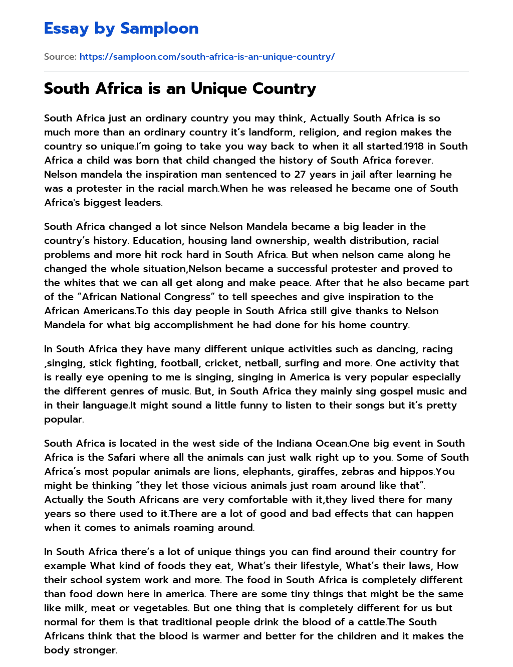 South Africa is an Unique Country Free Essay Sample on 