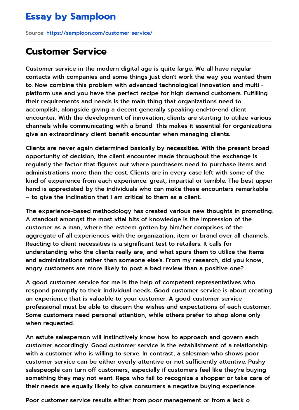 Customer Service Free Essay Sample On Samploon