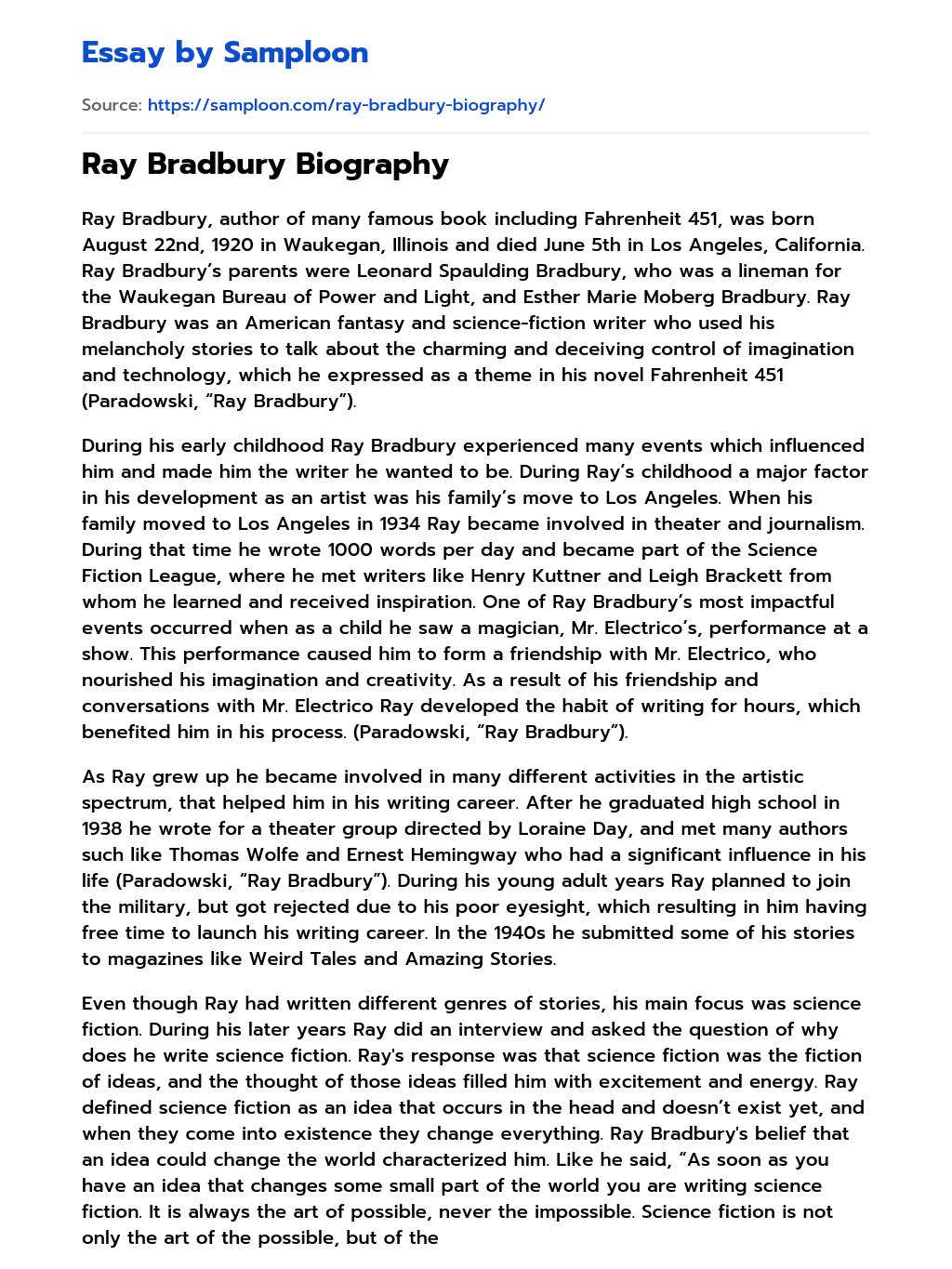 Ray Bradbury Biography essay