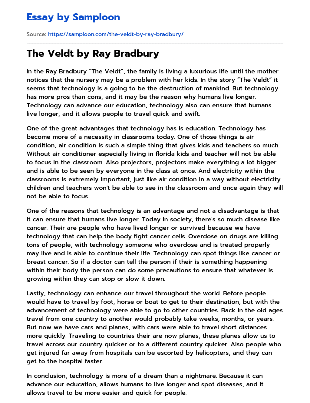 The Veldt by Ray Bradbury essay