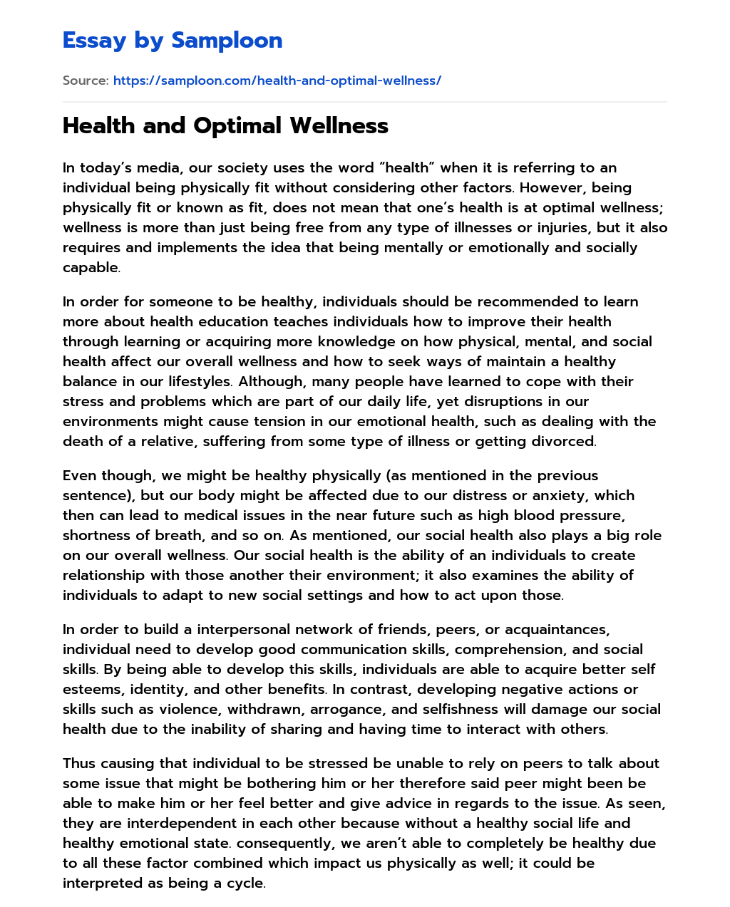 Health and Optimal Wellness essay