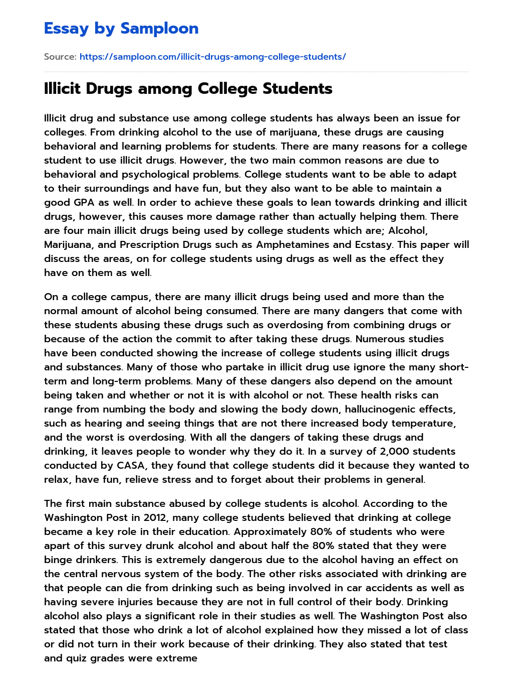 Illicit Drugs among College Students essay