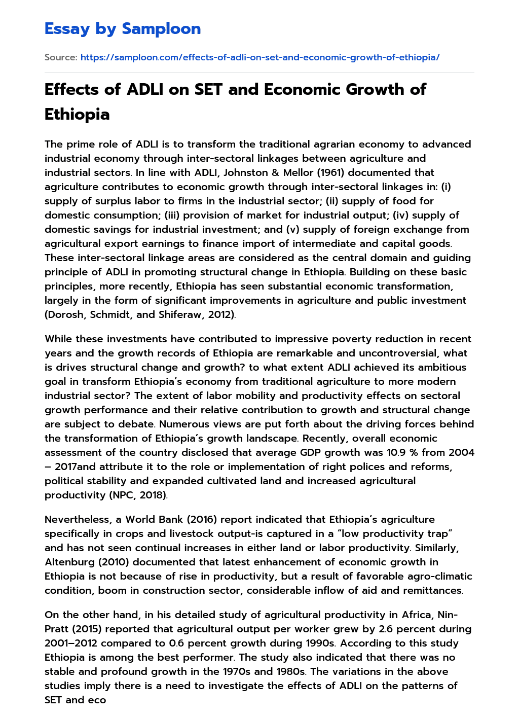 Effects of ADLI on SET and Economic Growth of Ethiopia essay