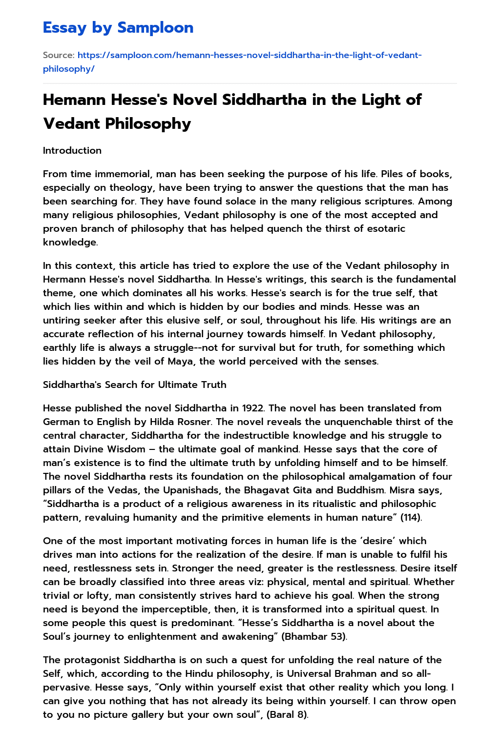 Hemann Hesse’s Novel Siddhartha in the Light of Vedant Philosophy   essay
