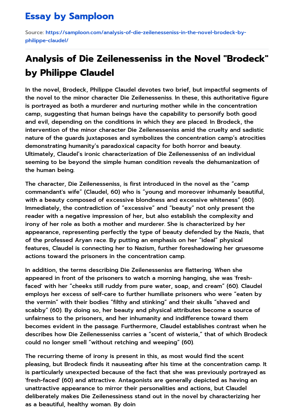 Analysis of Die Zeilenesseniss in the Novel “Brodeck” by Philippe Claudel essay