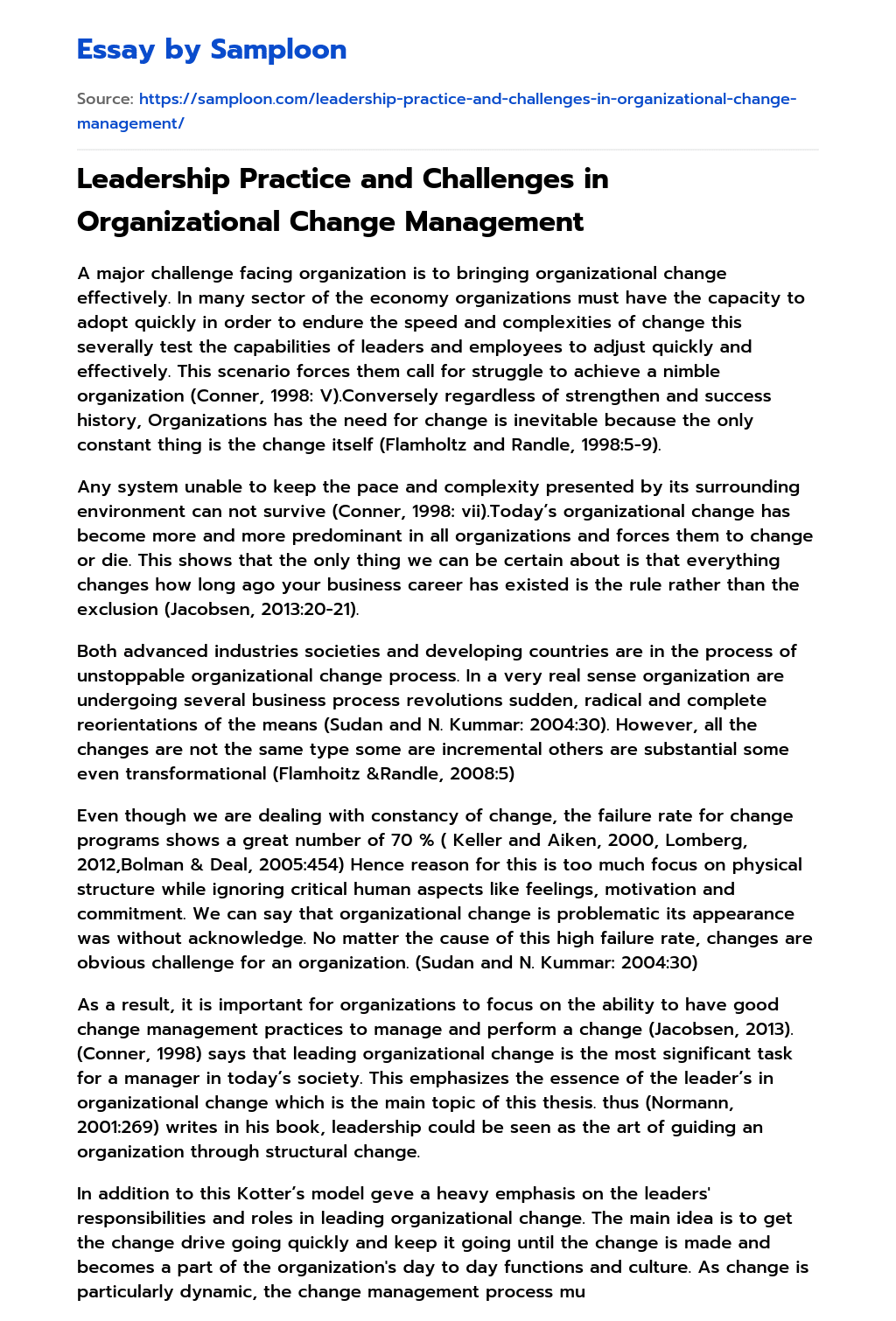 Leadership Practice and Challenges in Organizational Change Management essay