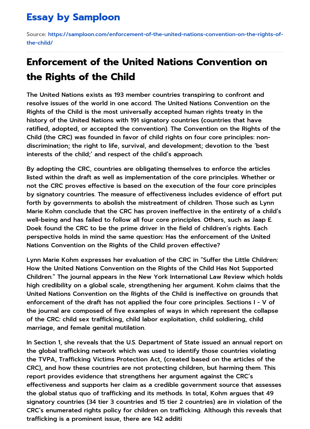 Enforcement of the United Nations Convention on the Rights of the Child essay