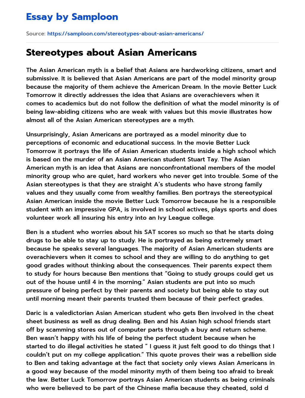 Stereotypes about Asian Americans essay