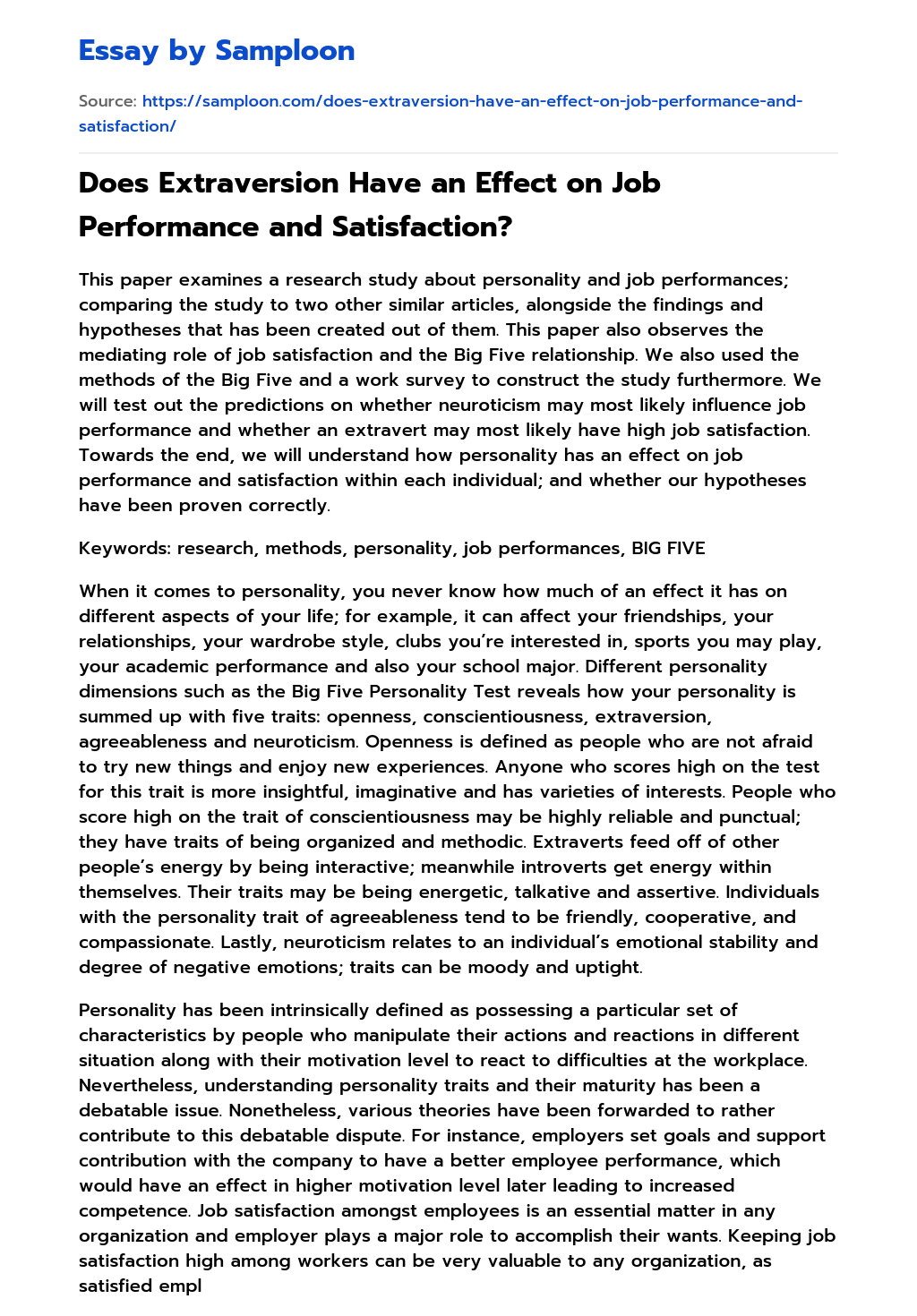 Does Extraversion Have an Effect on Job Performance and Satisfaction? Personal Essay essay