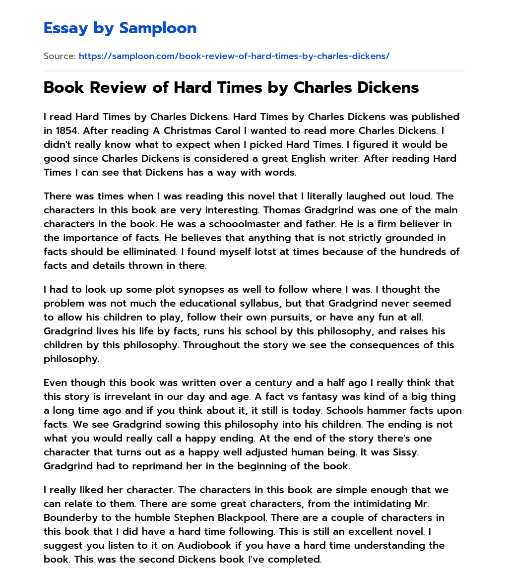Book Review of Hard Times by Charles Dickens essay