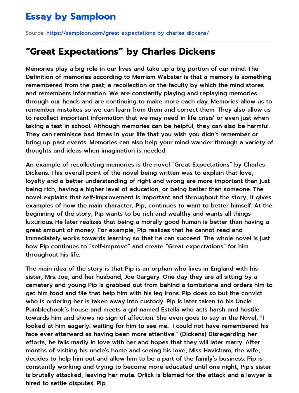 “Great Expectations” by Charles Dickens Character Analysis essay