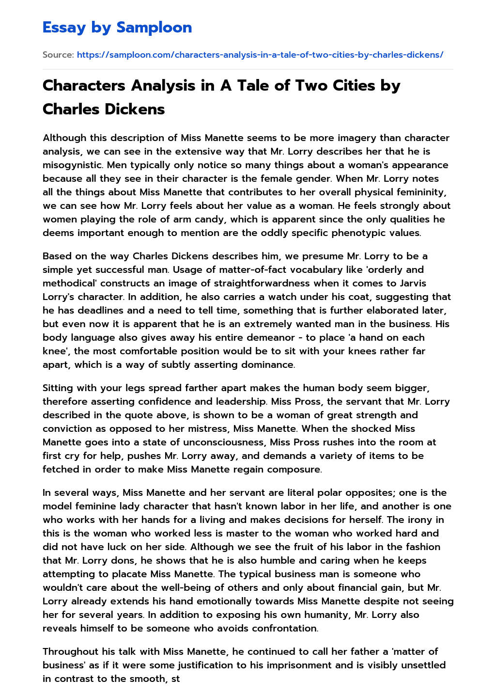 Characters Analysis in A Tale of Two Cities by Charles Dickens essay
