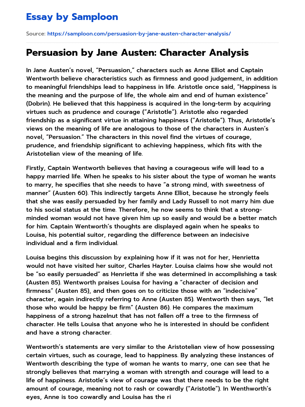 Persuasion By Jane Austen Character Analysis Free Essay Sample On 