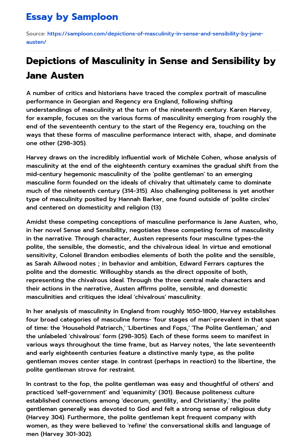 Depictions of Masculinity in Sense and Sensibility by Jane Austen essay