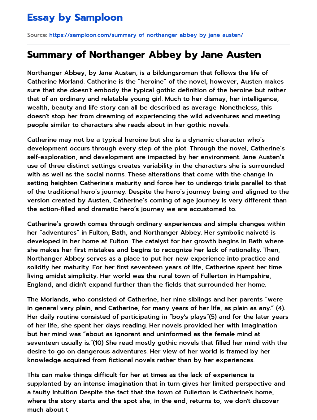 Summary of Northanger Abbey by Jane Austen essay