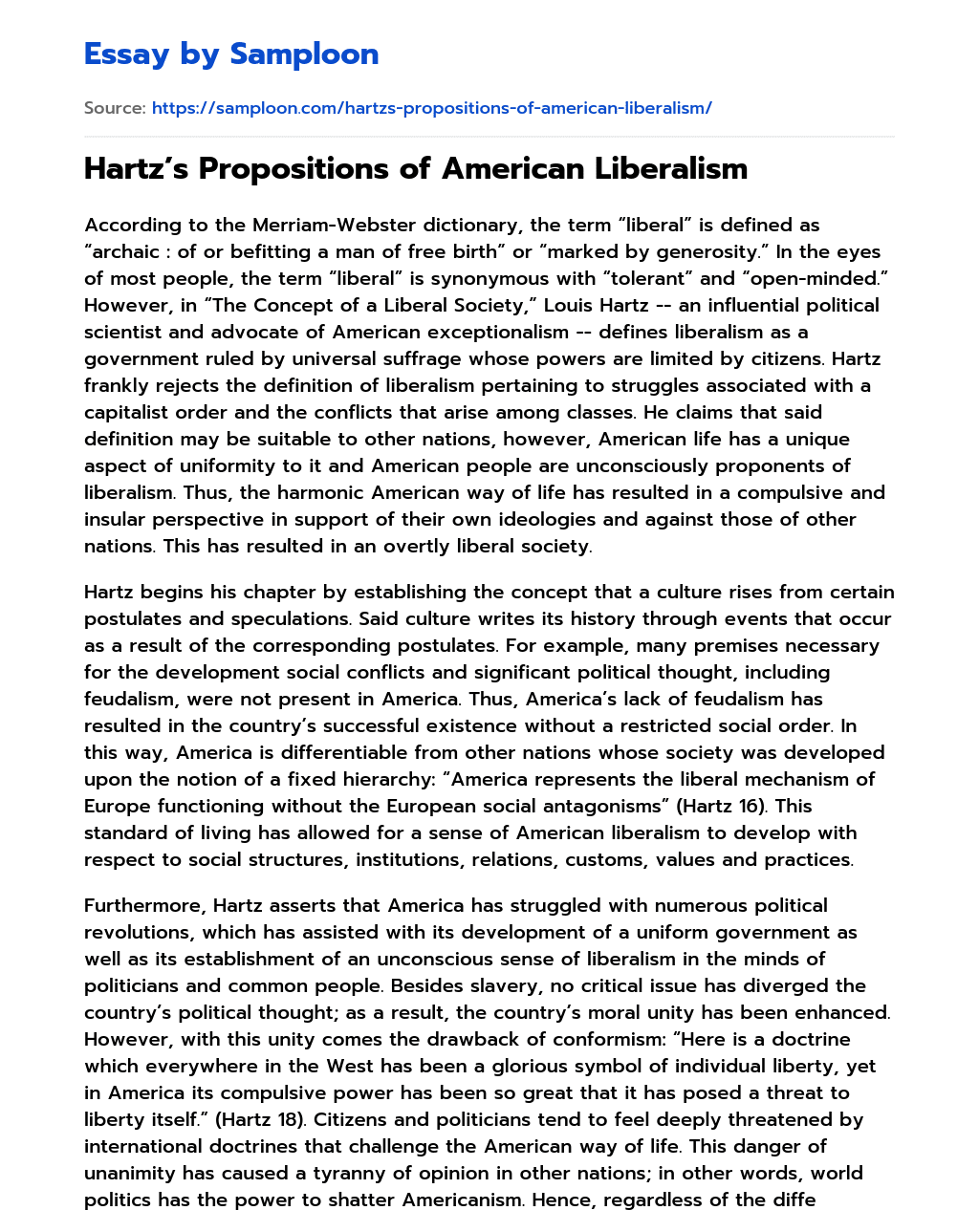 Hartz’s Propositions of American Liberalism essay