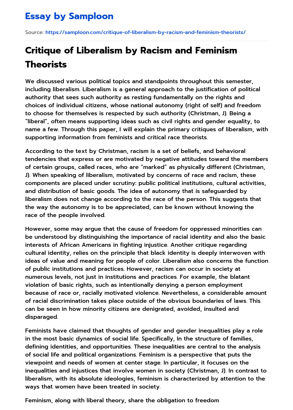 Critique of Liberalism by Racism and Feminism Theorists essay
