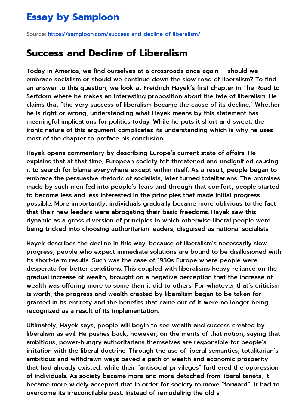 Success and Decline of Liberalism essay