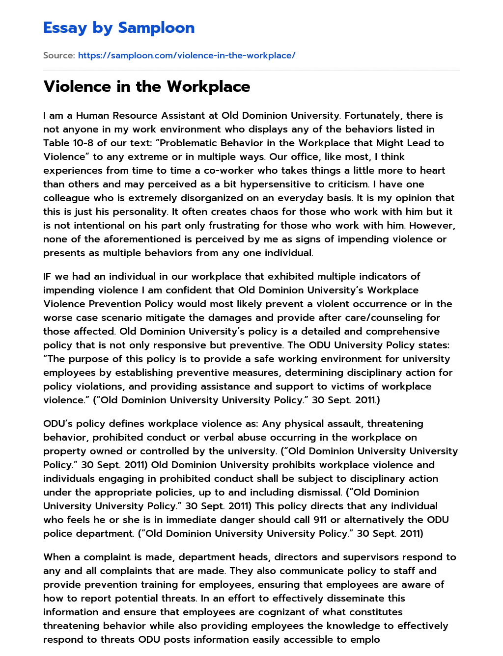 Violence in the Workplace essay