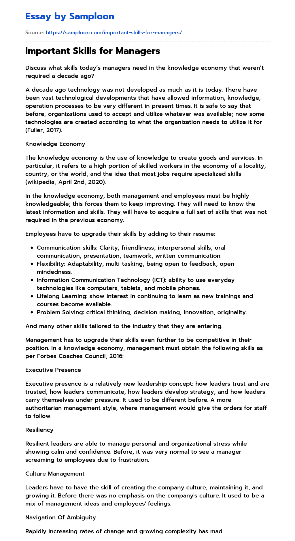 Important Skills for Managers essay