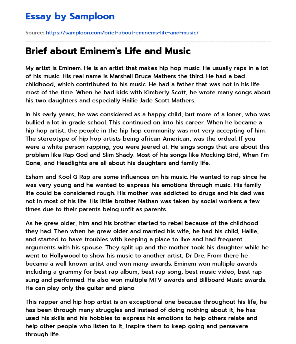 Brief about Eminem’s Life and Music essay