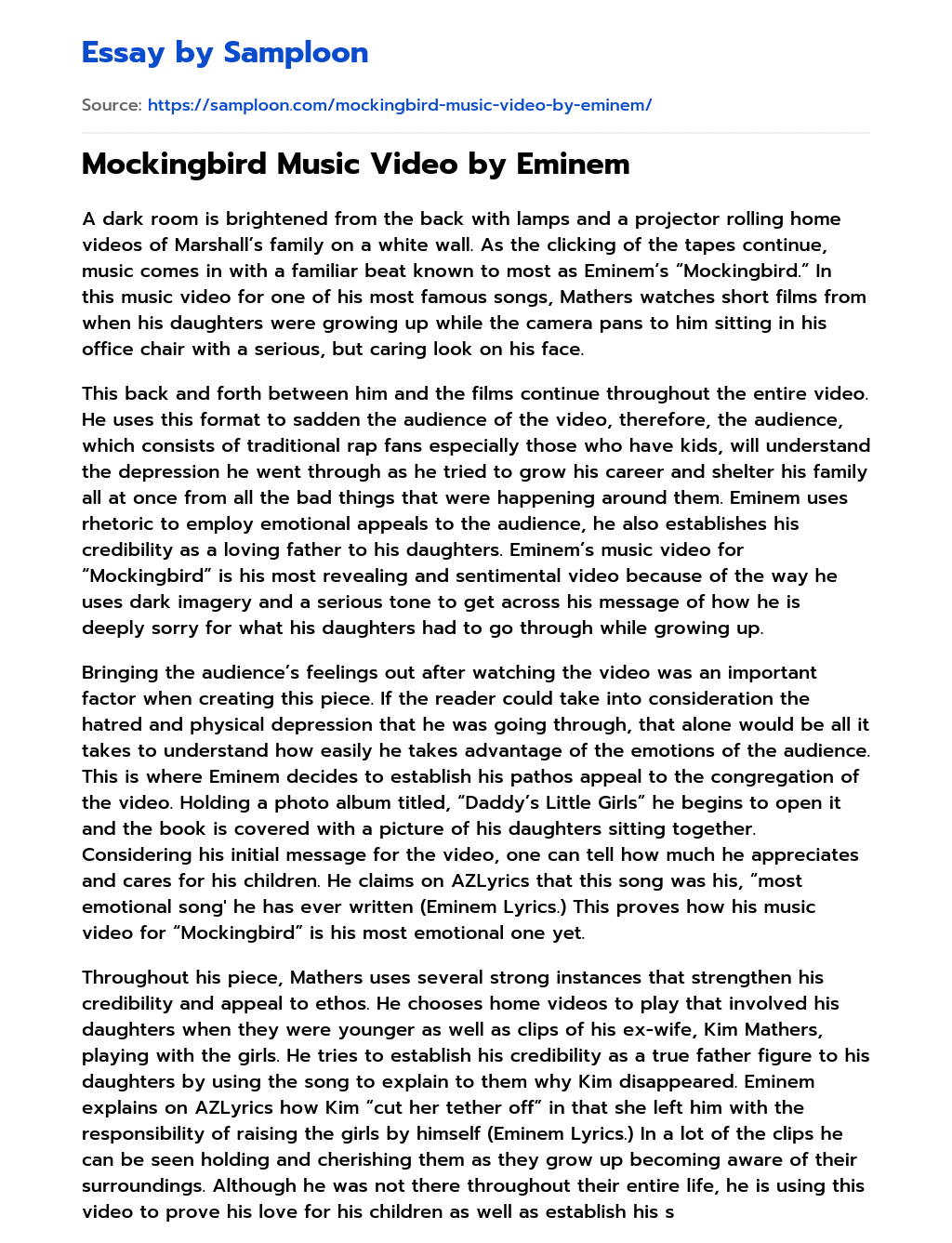 Mockingbird Music Video by Eminem Analytical Essay essay