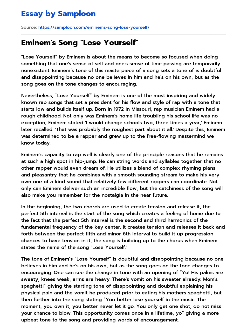 Eminem’s Song “Lose Yourself” Analytical Essay essay