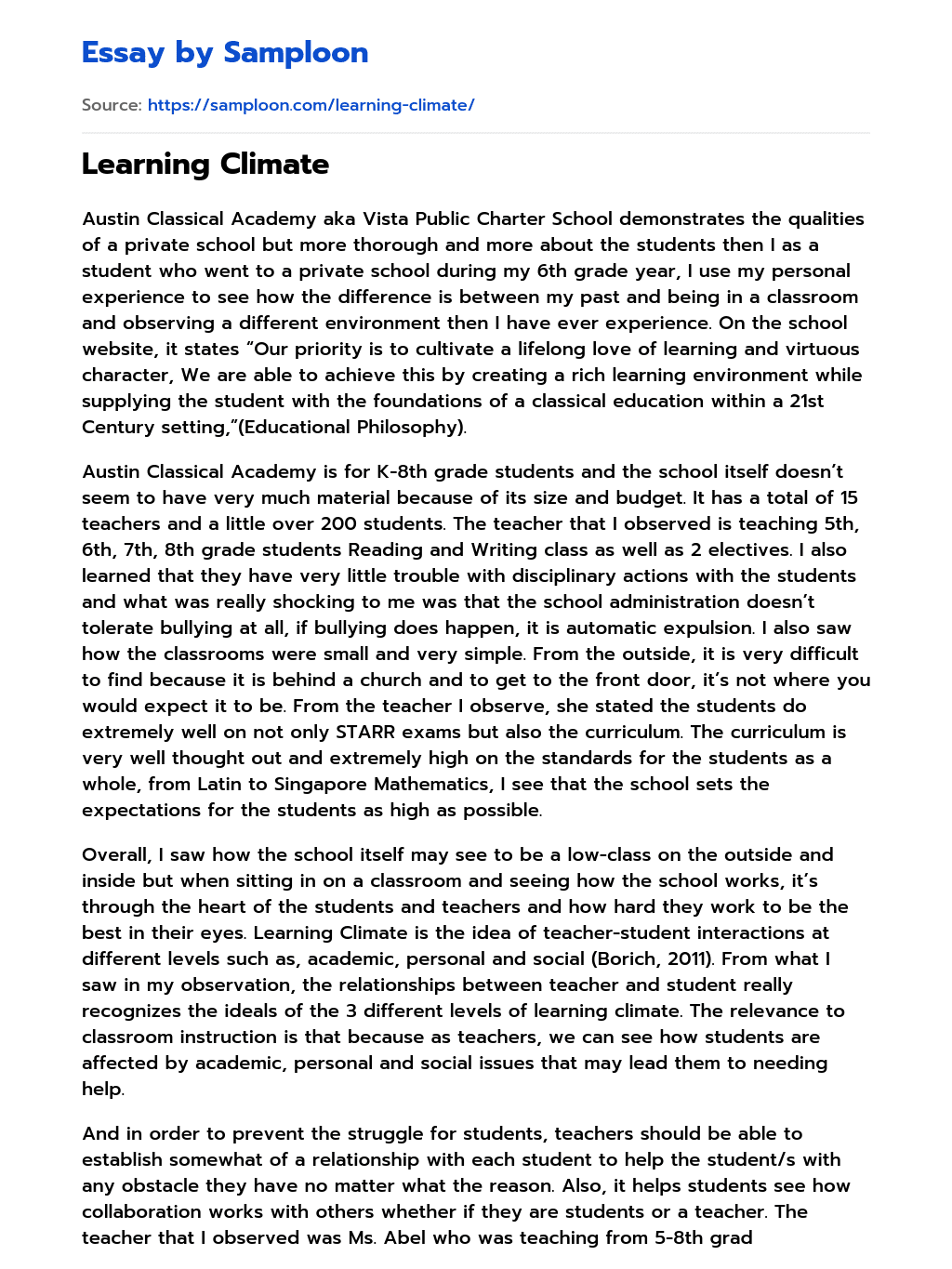 Learning Climate essay
