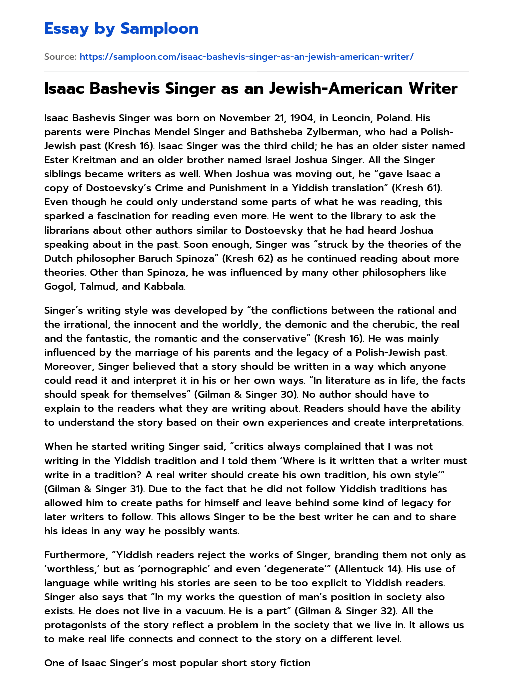 Isaac Bashevis Singer as an Jewish-American Writer essay