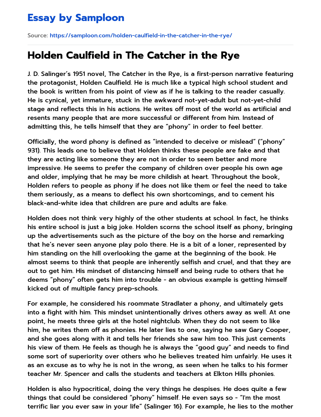 Holden Caulfield in The Catcher in the Rye essay