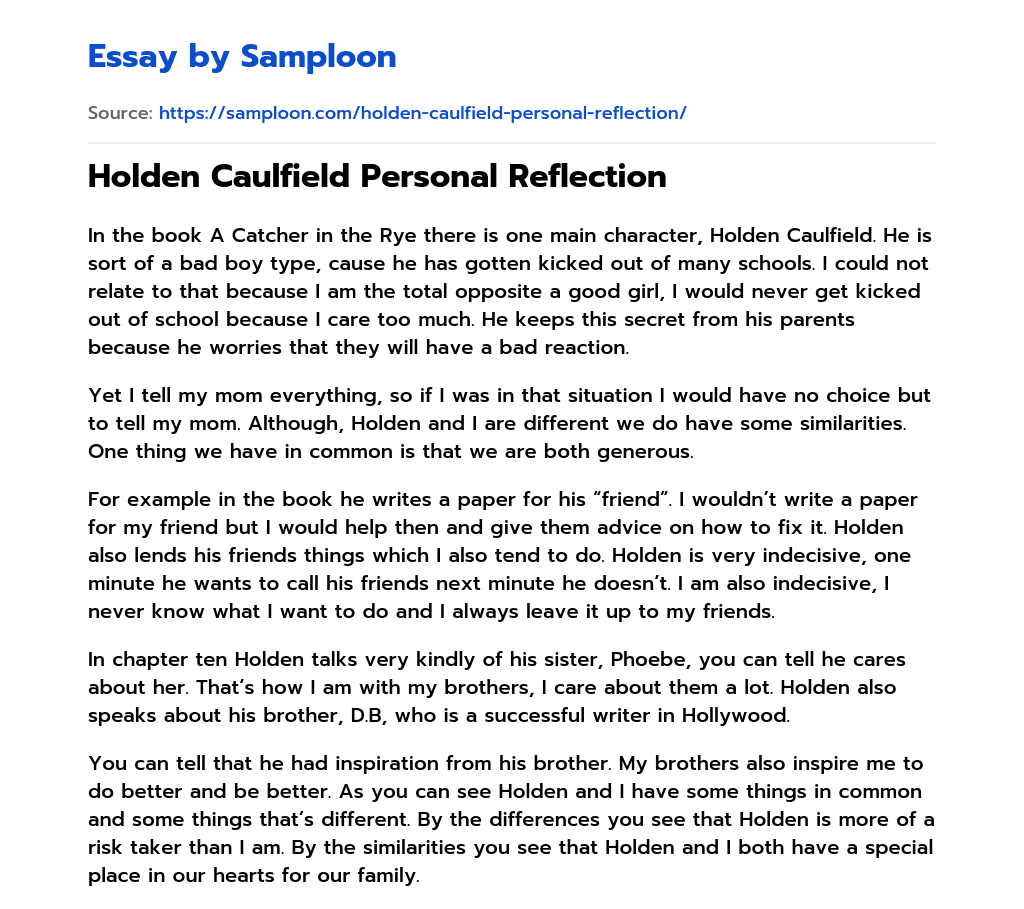 Holden Caulfield Personal Reflection essay