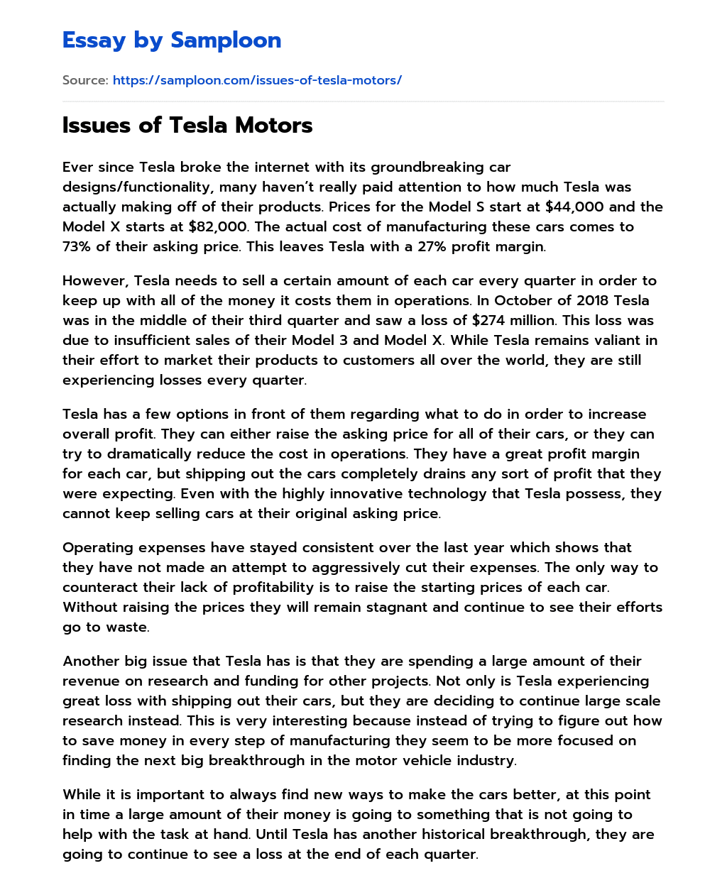 Issues of Tesla Motors essay