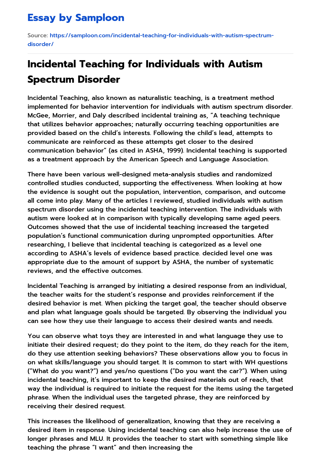 Incidental Teaching for Individuals with Autism Spectrum Disorder essay