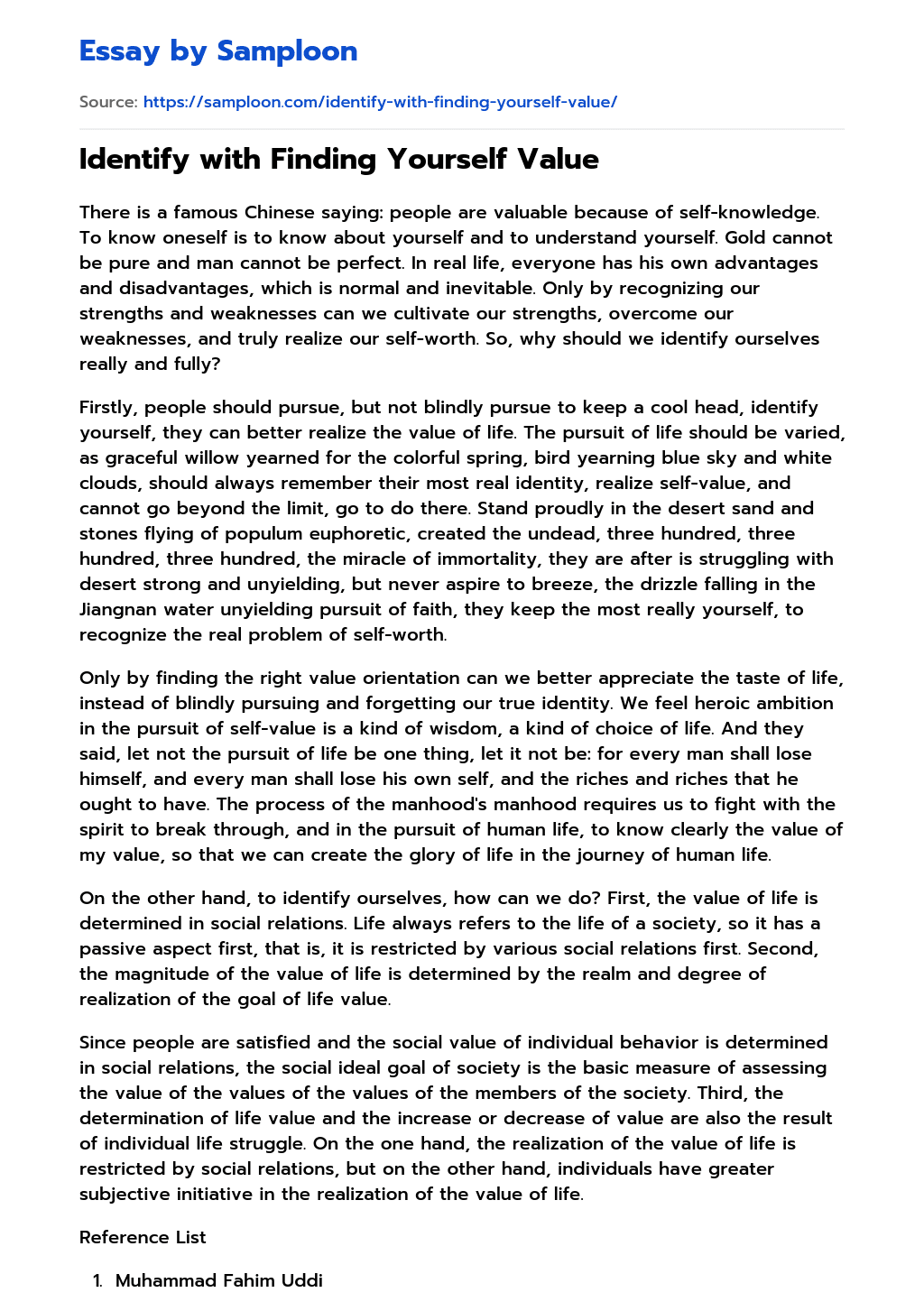 essay about self value